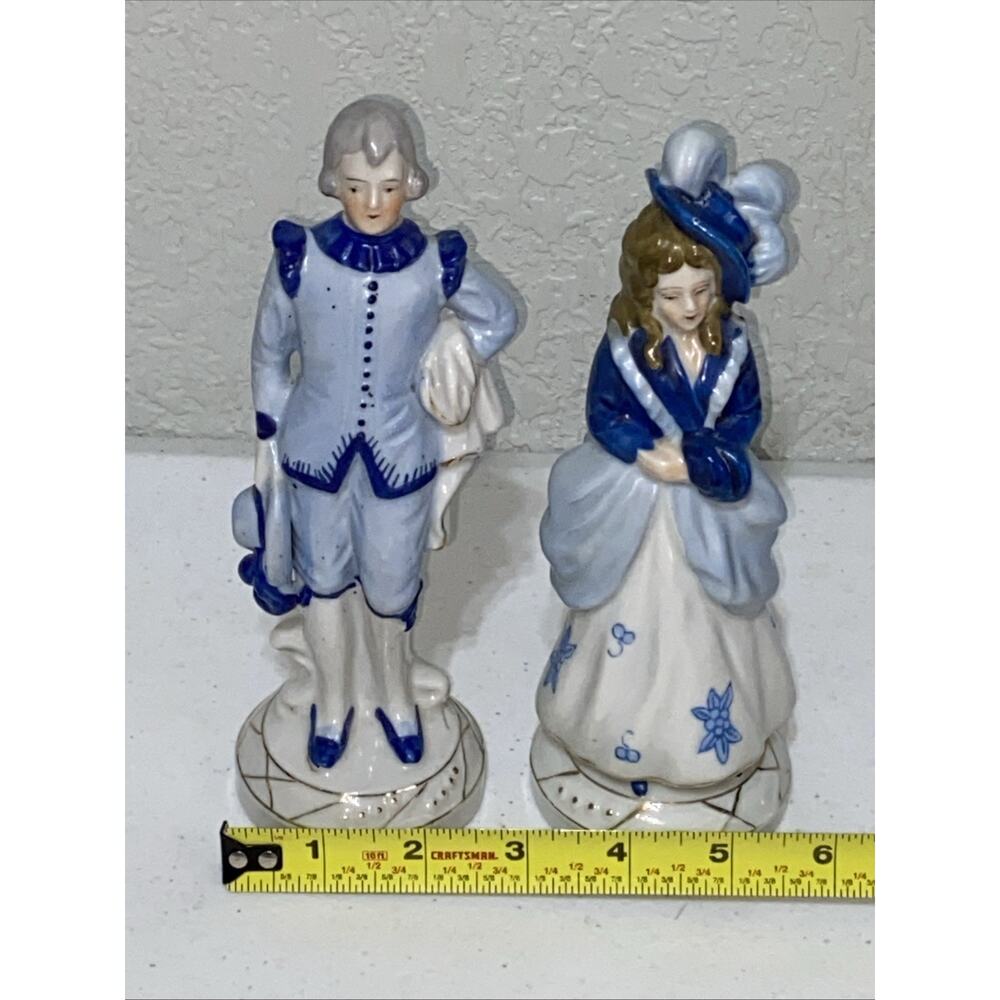VTG Occupied Japan Blue Delft Victorian Colonial Courting Couple Man Woman 8” - Picture 7 of 9